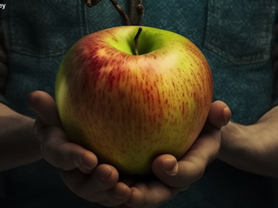 Imagem gerada por inteligência artificial mostra um homem segurando uma maçã, com dedos das mãos estranhos