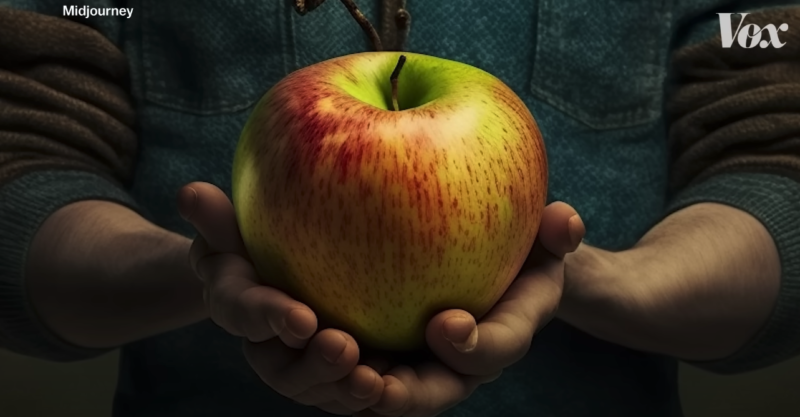 Imagem gerada por inteligência artificial mostra um homem segurando uma maçã, com dedos das mãos estranhos